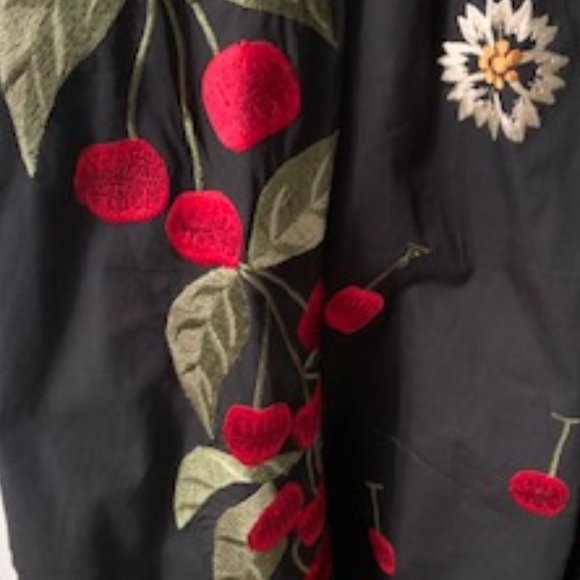 Custom Black Embroidered Fit & Flare Retro Cherry & Daisy dress boat neck - Picture 2 of 7